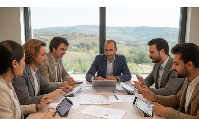 Imprenditori e responsabili HR di PMI umbre riuniti in una sala luminosa con vetrate su un paesaggio collinare, discutono strategie di gestione del personale attorno a un tavolo in legno chiaro, con documenti e tablet aperti.